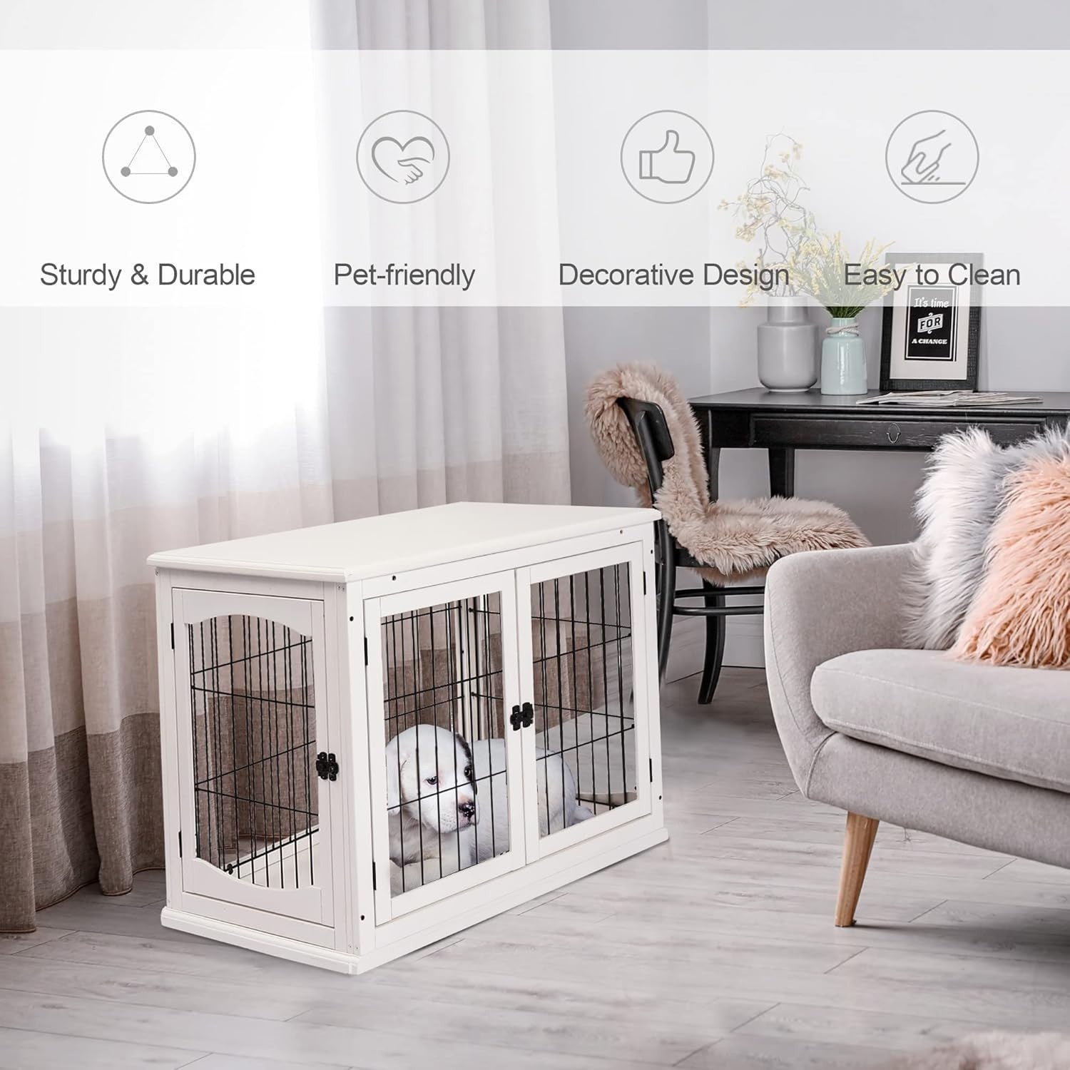 Stylish Indoor Dog Crate Table with 3 Doors, Secure & Spacious 81x58.5x66cm