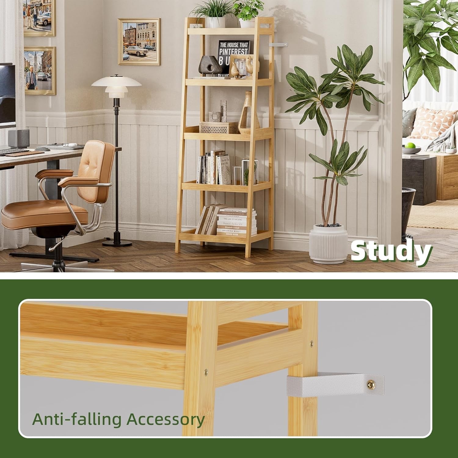 Natural Bamboo 5-Tier Ladder Bookcase, Tall Narrow Display Storage Shelf