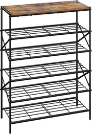 6 Tier Metal Shoe Rack Organizer – Holds 24 Pairs, Rustic Wood Shelf