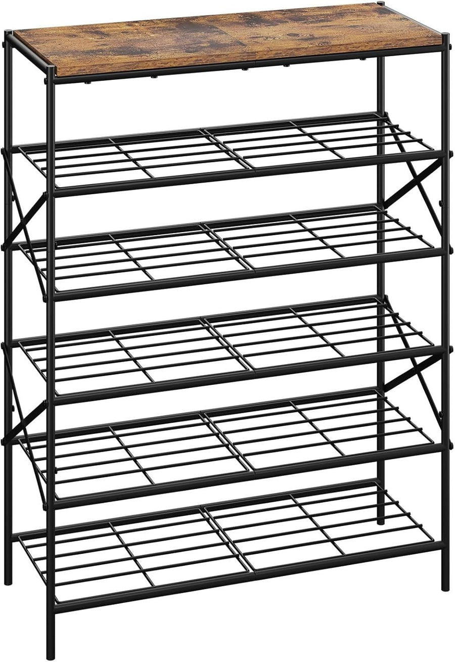 6 Tier Metal Shoe Rack Organizer – Holds 24 Pairs, Rustic Wood Shelf