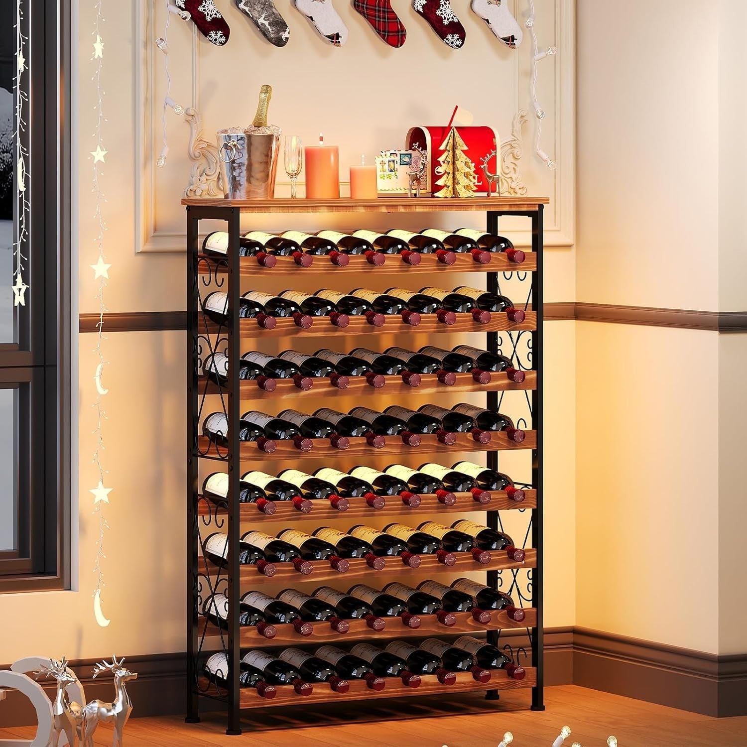 64 Bottle Wine Rack Freestanding with Wooden Top LED Display Shelf Home Bar