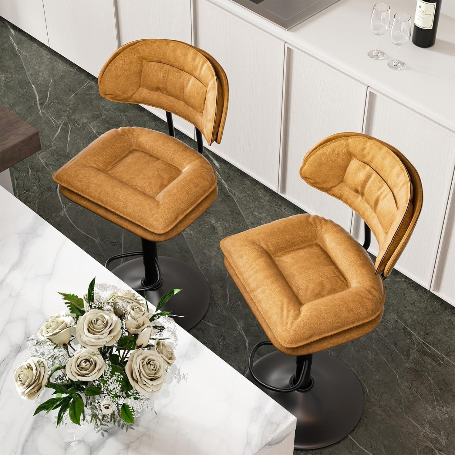 Adjustable Swivel Bar Stools Set of 2 | Orange Faux Leather Counter Height