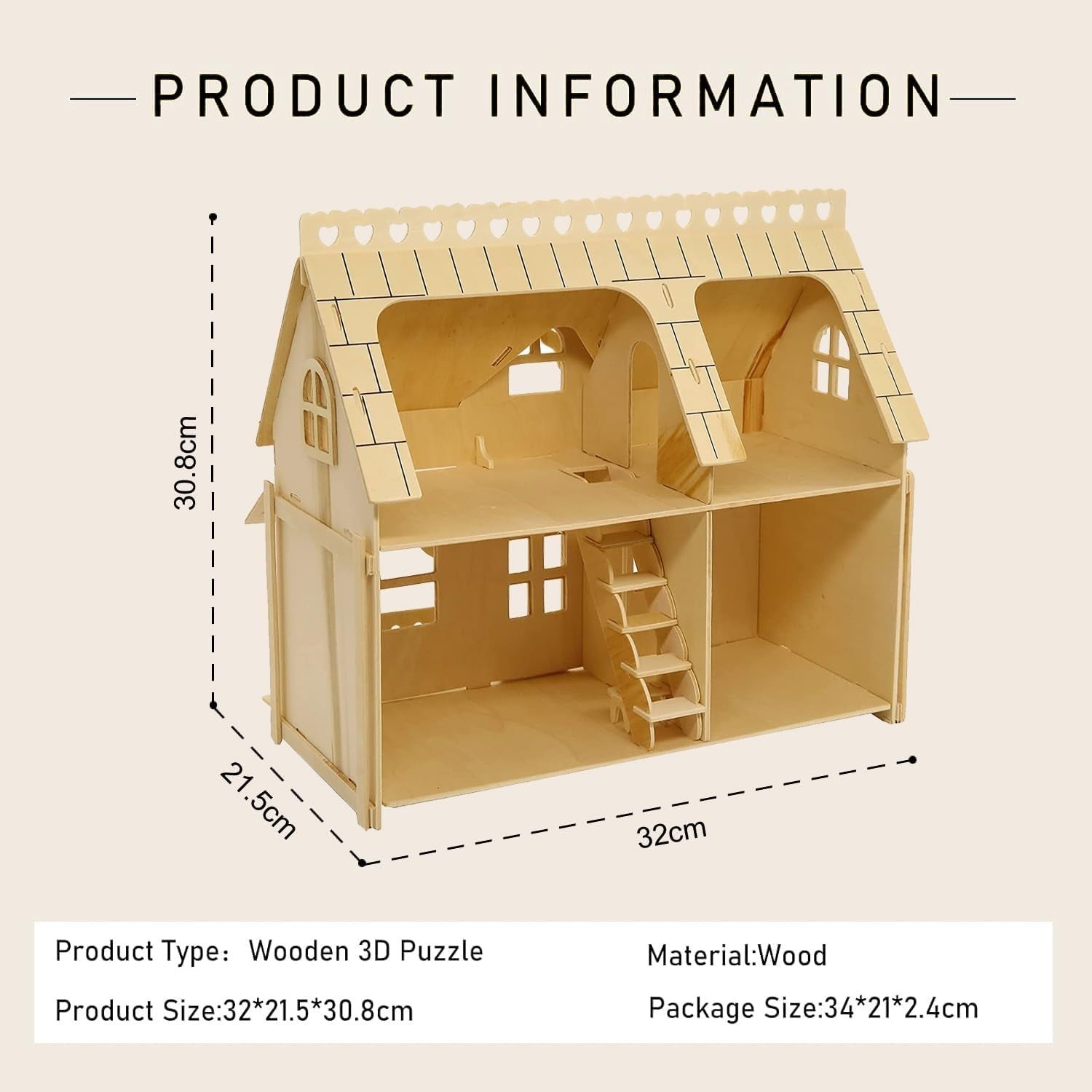 Wooden Dollhouse Construction Kit - DIY Handcraft Model, Paintable & Sturdy