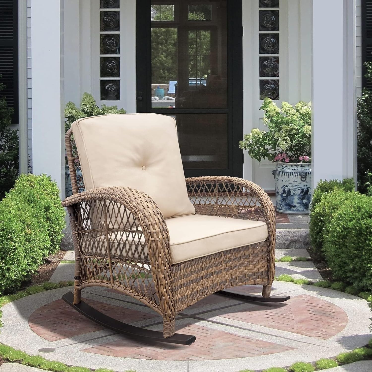 Outdoor Rattan Rocking Chair Beige Resin Wicker Patio Lounge Porch SeatOutdoor R