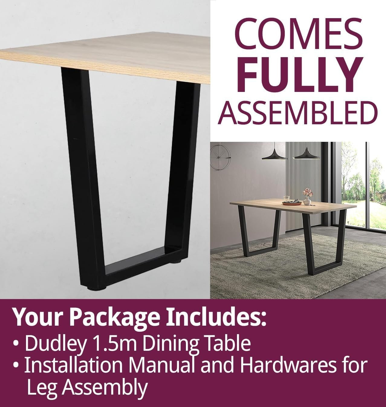 Industrial Oak Dining Table 150cm Metal Legs, 4-6 Seater Modern Home