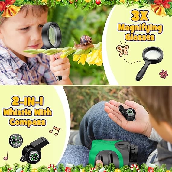 Kids 8x21 Waterproof Binoculars with Compass & Whistle Outdoor Explorer Set