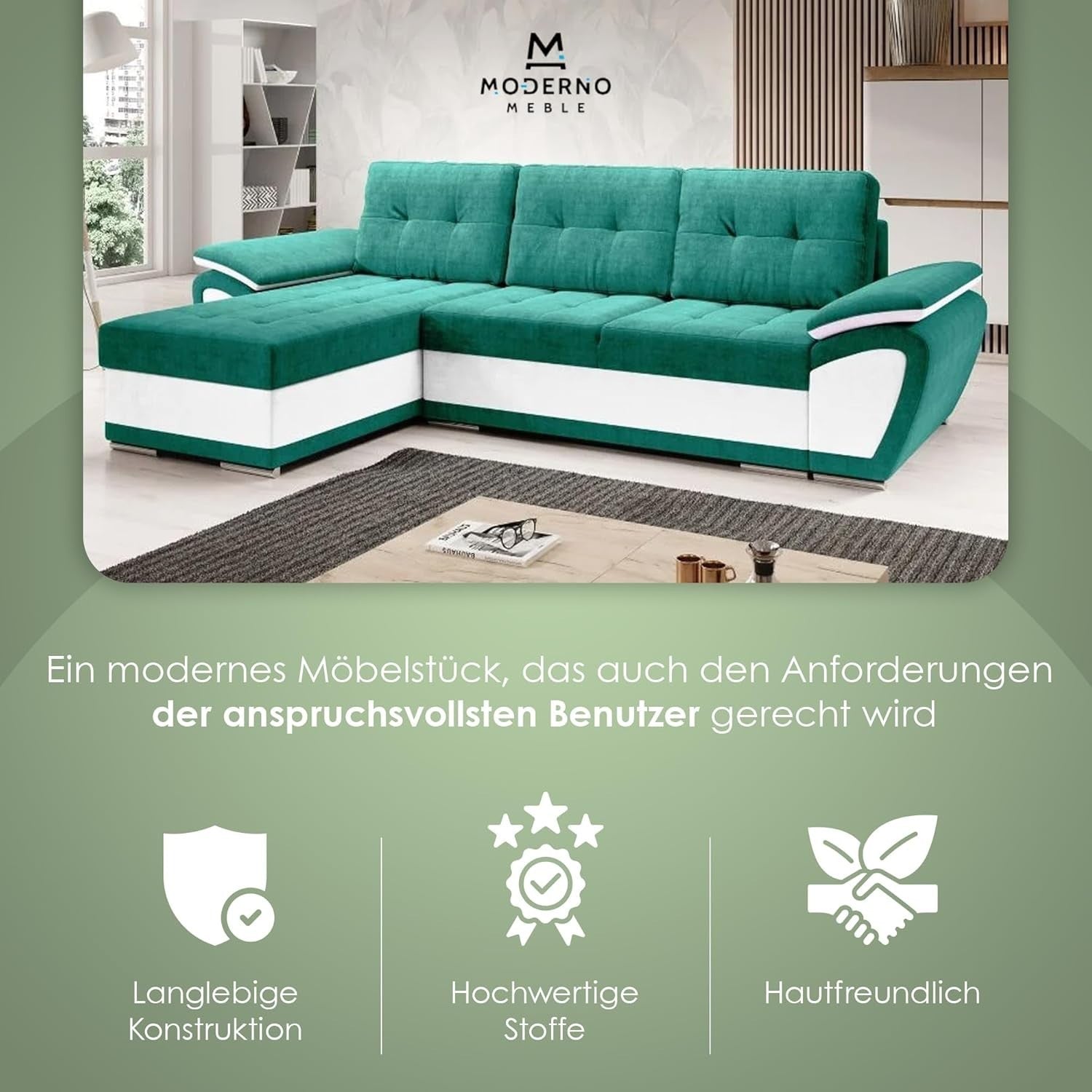 L Shape Corner Sofa Bed with Storage, Modern Convertible Sleeper, Turquoise