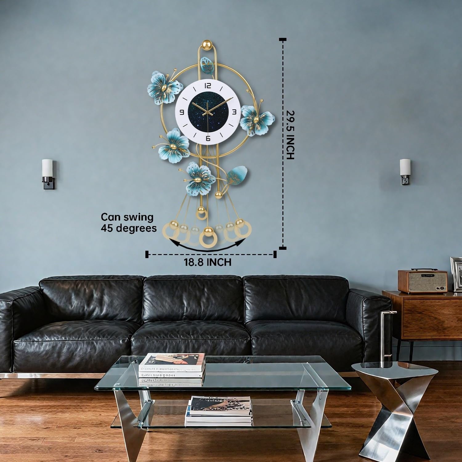 Large 75cm Wall Clock Green Metal Floral Design Silent Quartz Pendulum Decor