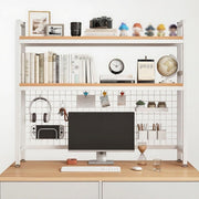 2-Tier Desktop Hutch Bookshelf Organizer w/ Grid Panel | Sturdy Wood & Metal