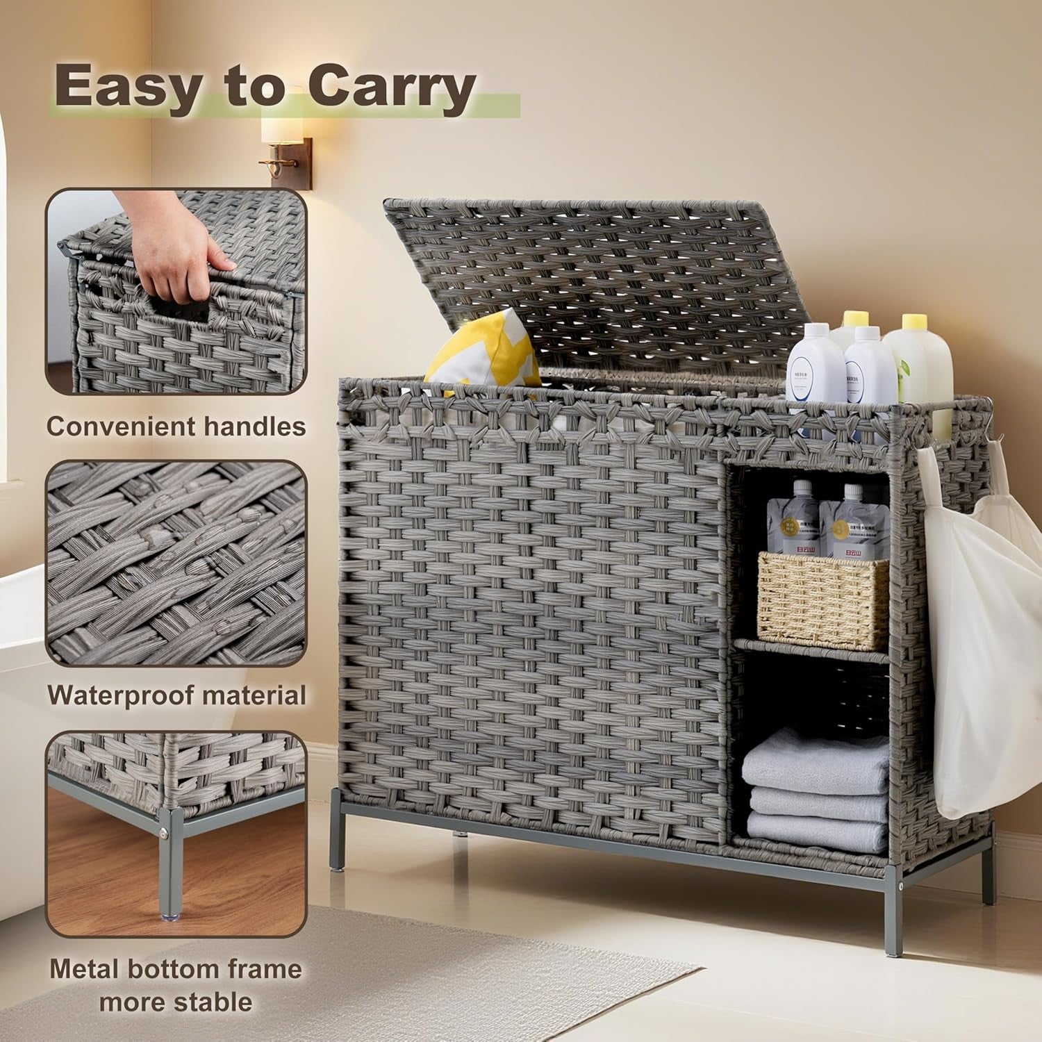 130L Grey Rattan Laundry Hamper 3 Section Basket with Lid & Storage Shelf