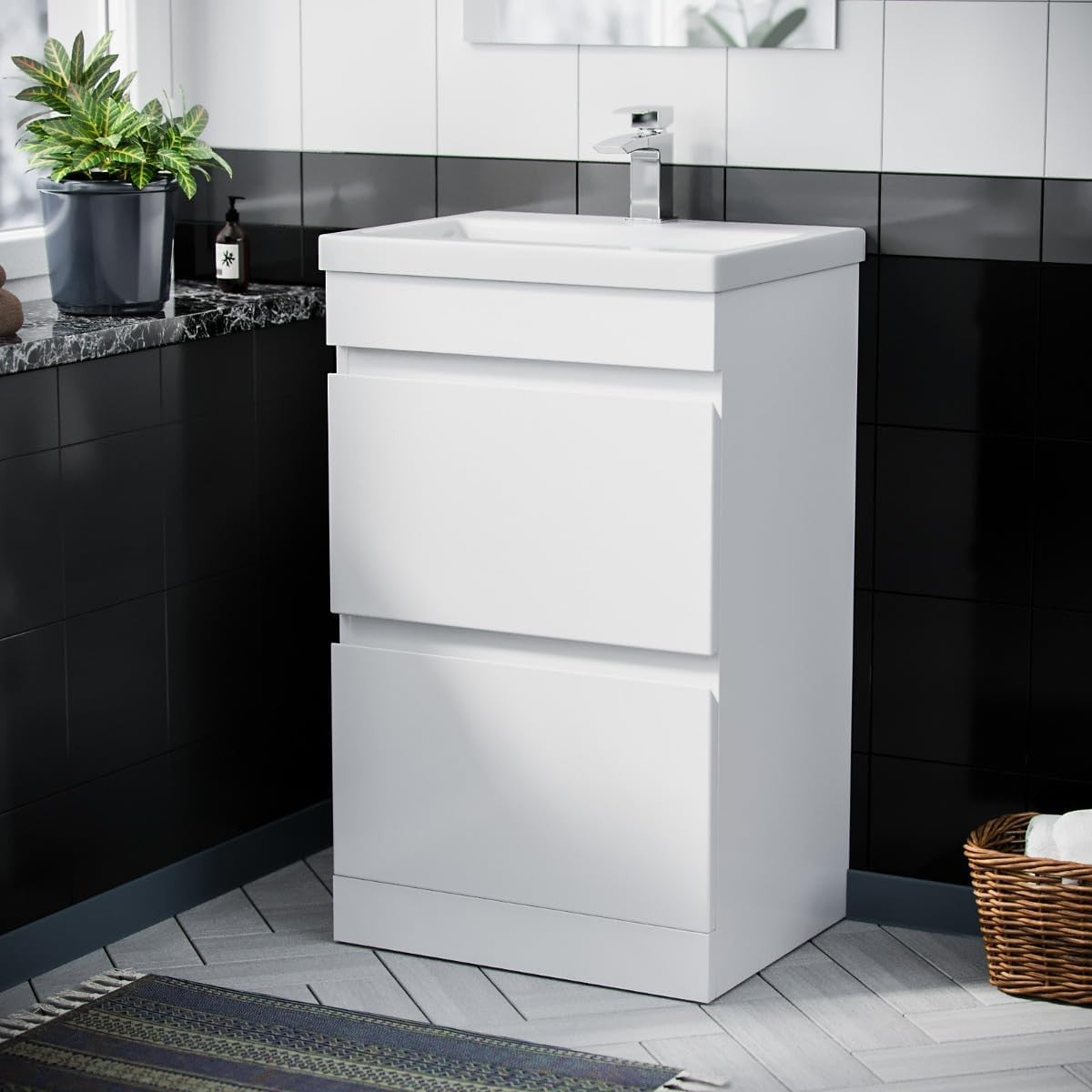 500mm White Bathroom Vanity Unit with Basin 2 Drawer Gloss Sink Cabinet