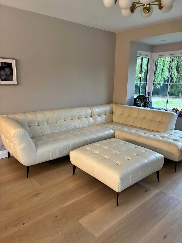 White Ivory Large Leather Corner Sofa + Armchair (PTP)