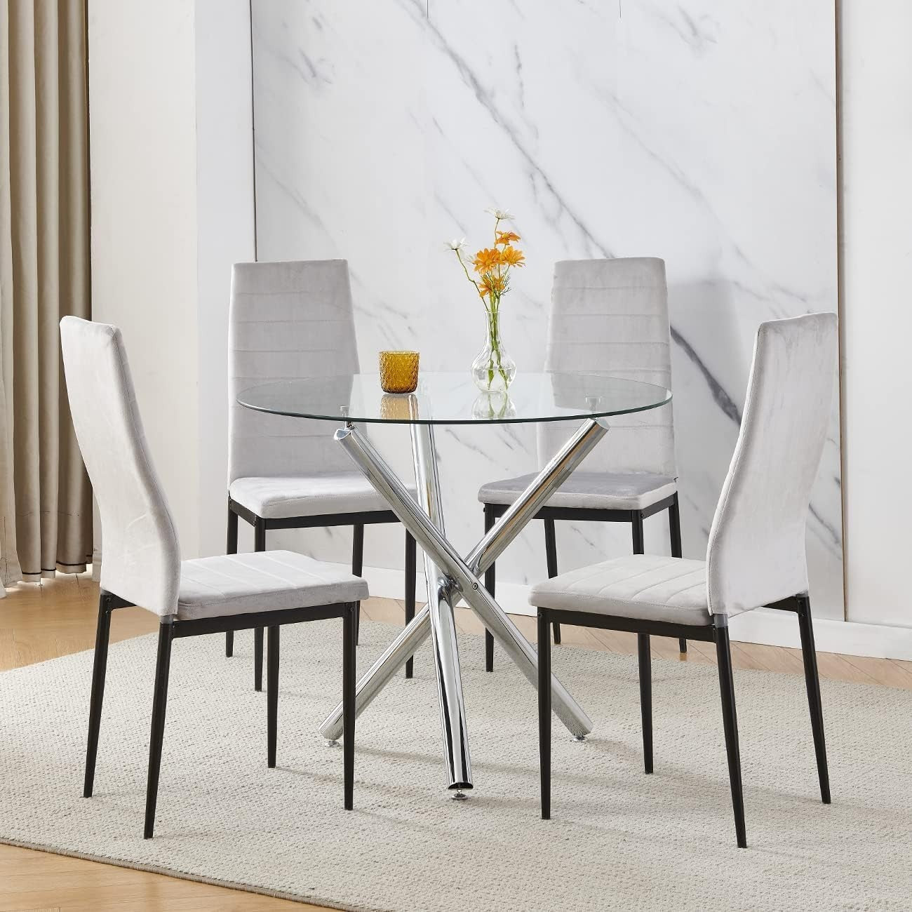 Compact Round Glass Dining Table with 4 Grey Velvet Chairs | Kitchen Set