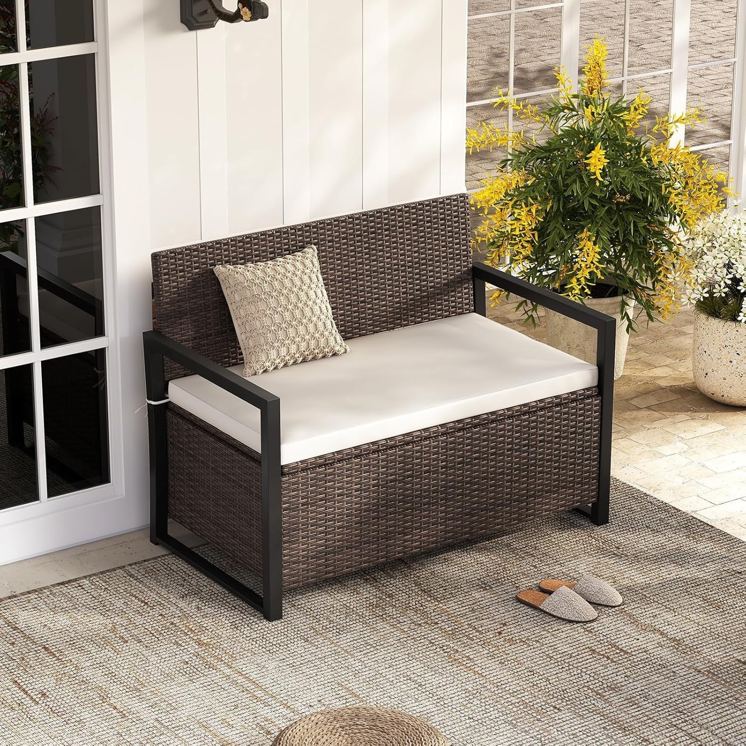 Outdoor 2-Seater PE Rattan Storage Bench with 150L Box & Padded Cushion