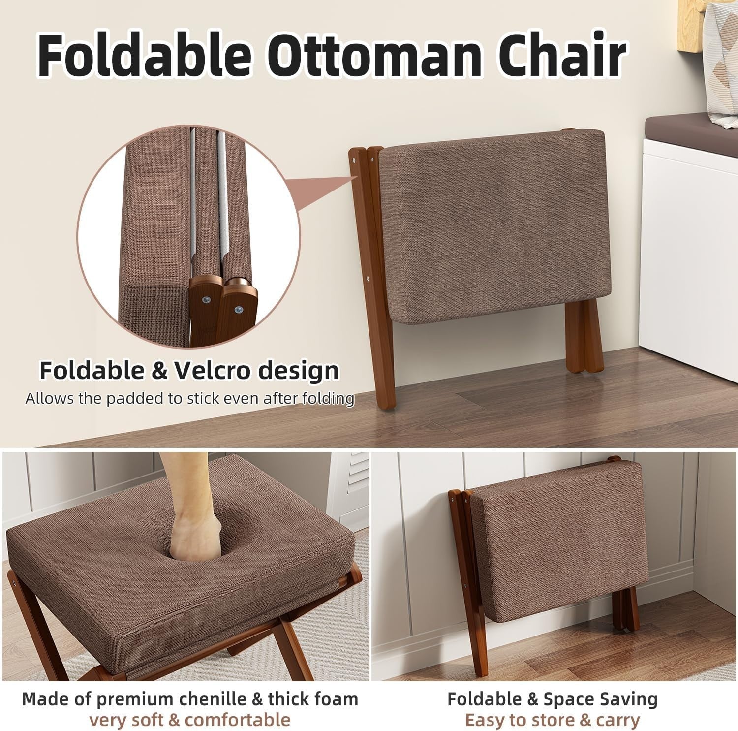 Brown Foldable Footstool Ottoman with Bamboo X-Legs & Thick Chenille Cushion