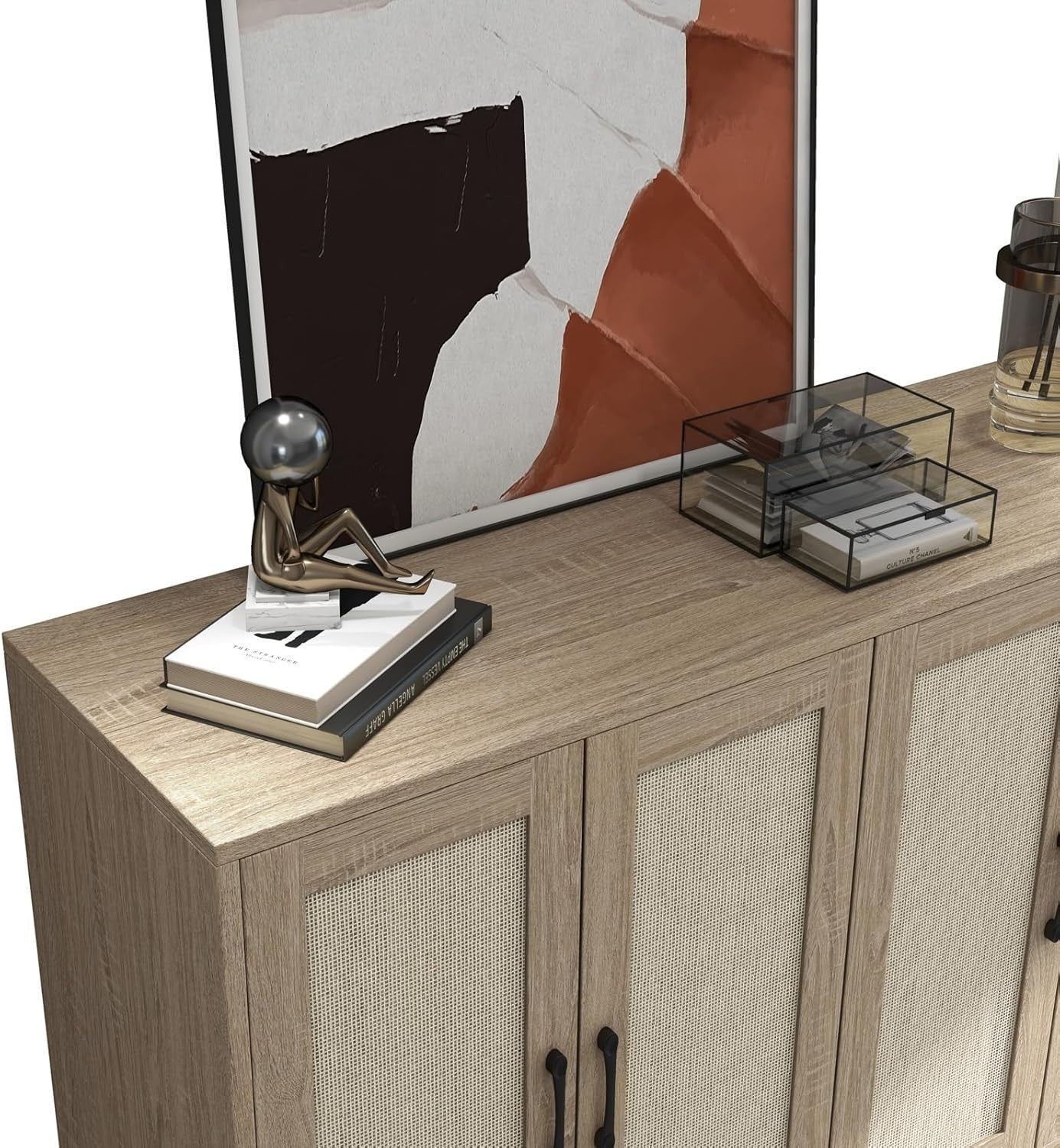 Natural Wood Buffet Storage Cabinet with Rattan Doors Adjustable Shelves