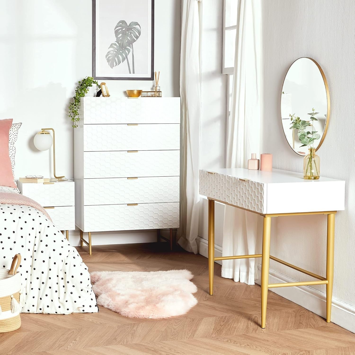 Modern White Dressing Table with Gold Legs, 2 Drawers, Glossy Finish, 90x75cm