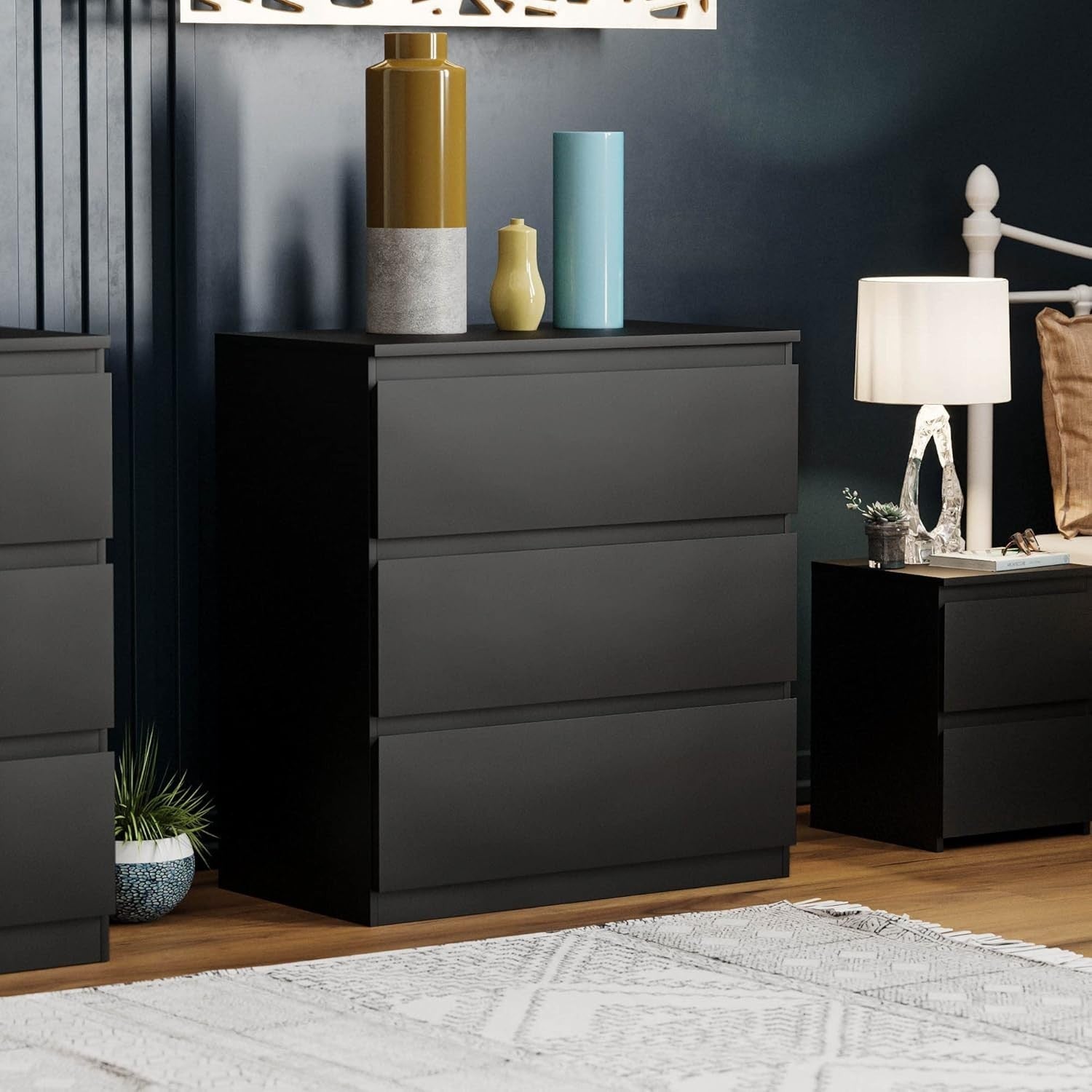 Black 3 Drawer Chest Modern Bedroom Storage Cabinet Unit Wood