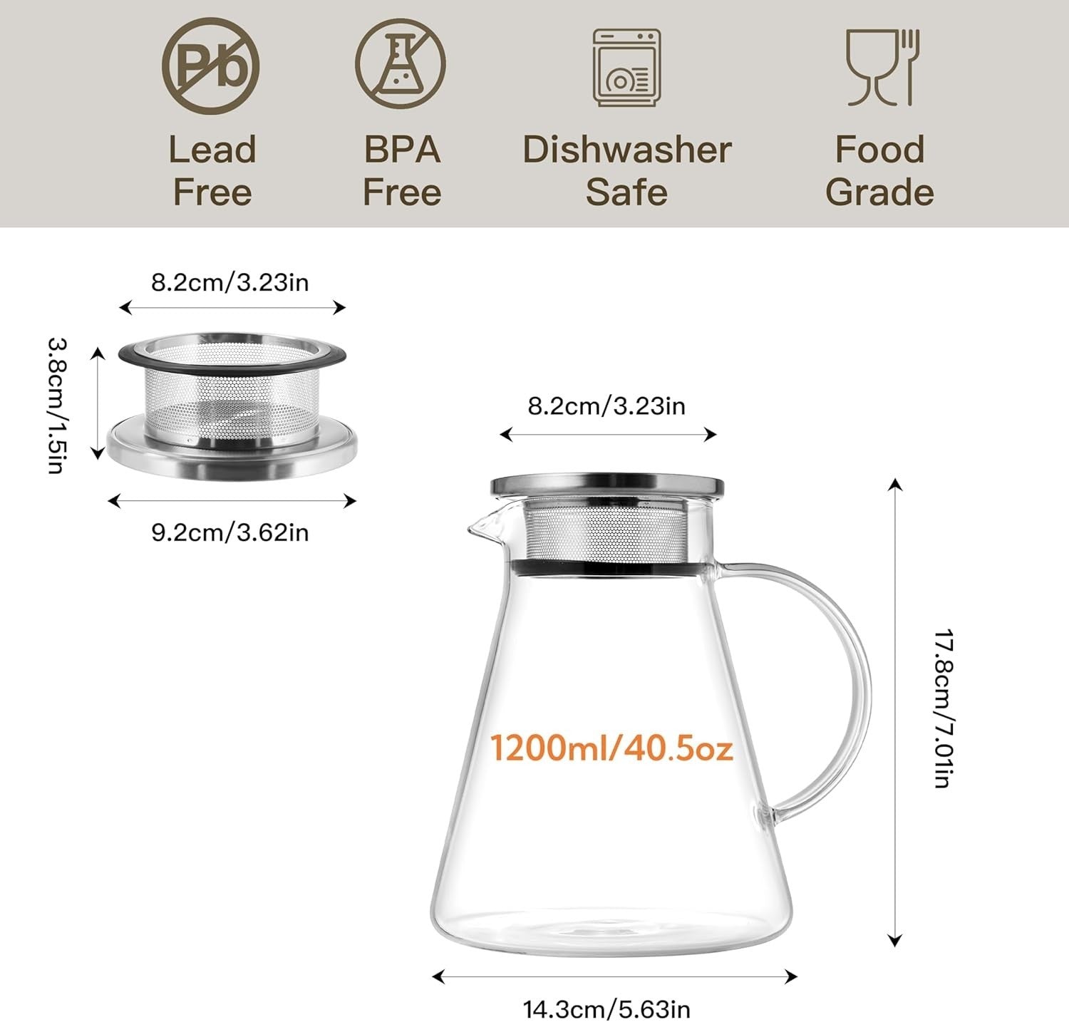 1.2L Glass Teapot Stovetop Safe Tea Kettle Loose Leaf Tea Maker