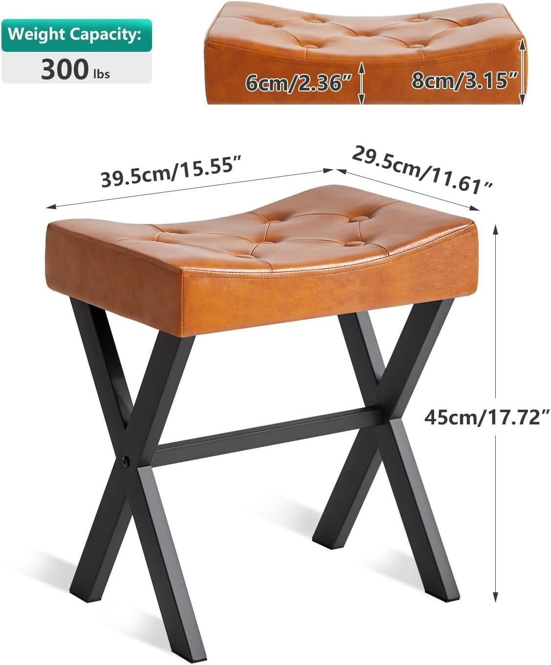 PU U-Shaped Vanity Stool with X-Leg – Square Makeup Footrest, Light Brown