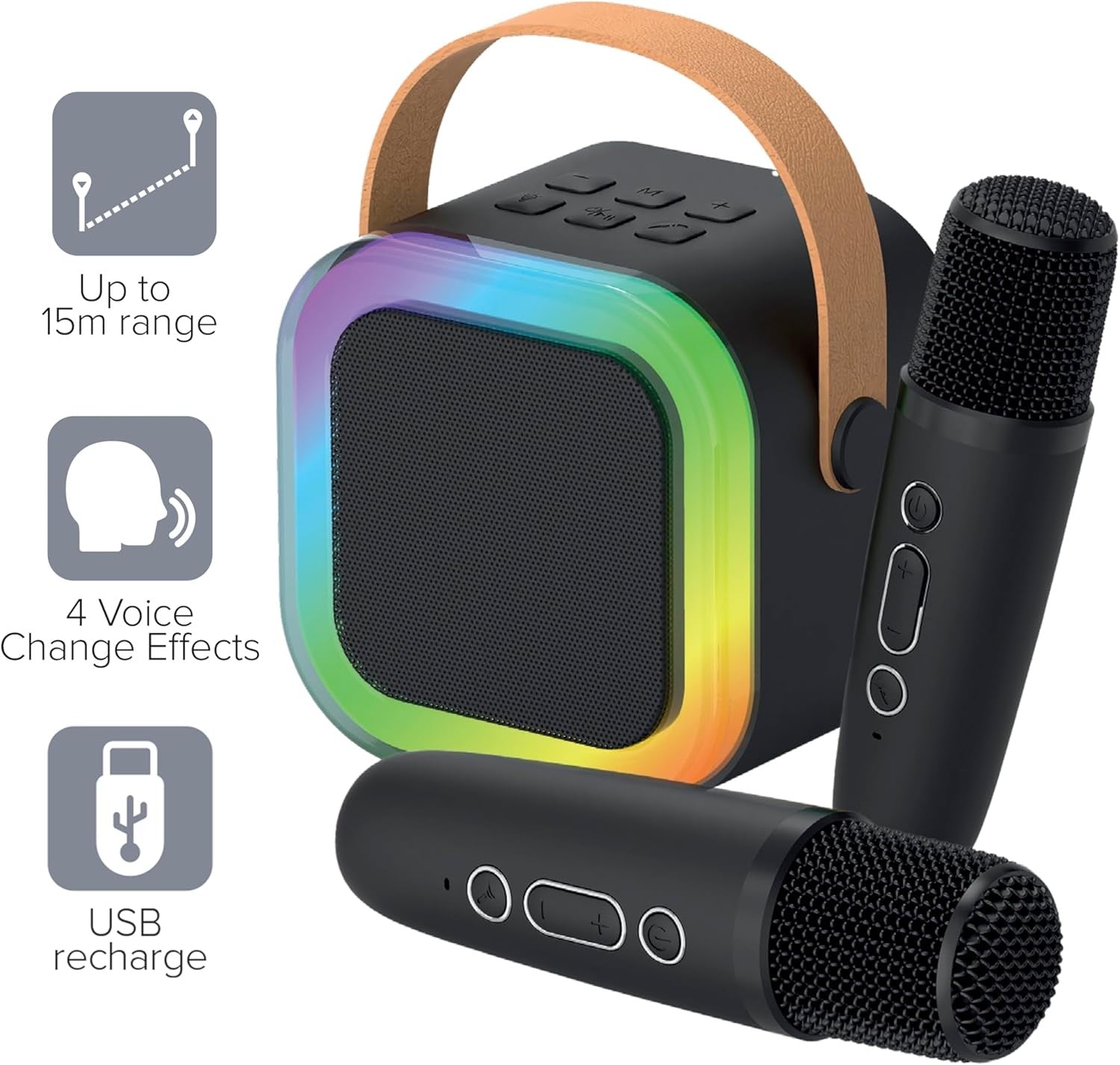 Black Mini Karaoke Machine with 2 Wireless Mics LED Bluetooth Speaker