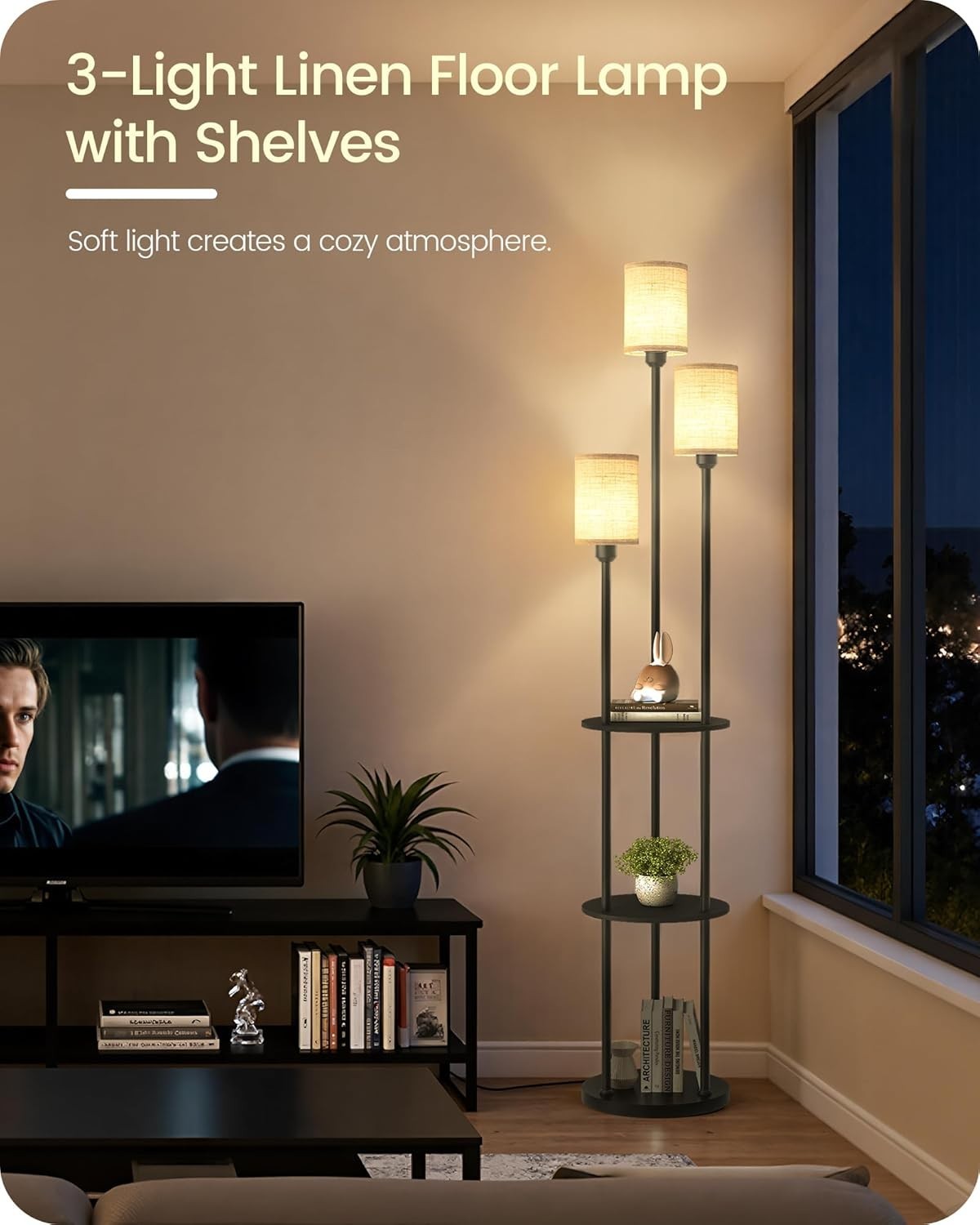 Industrial Floor Lamp with Shelves 3 Light Linen Shades Foot Switch