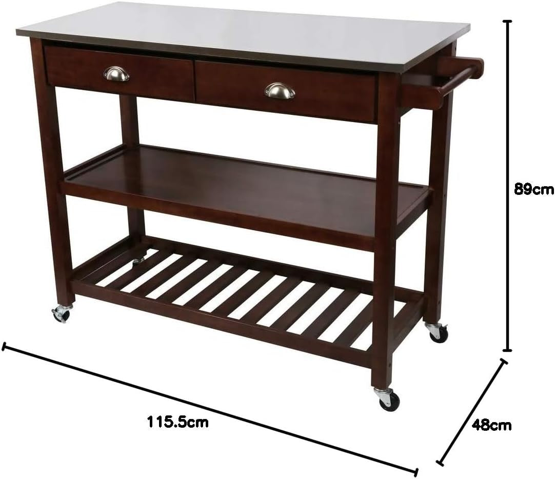 Kitchen Island Cart with Stainless Steel Top & Storage Drawers, 115x48x89cm