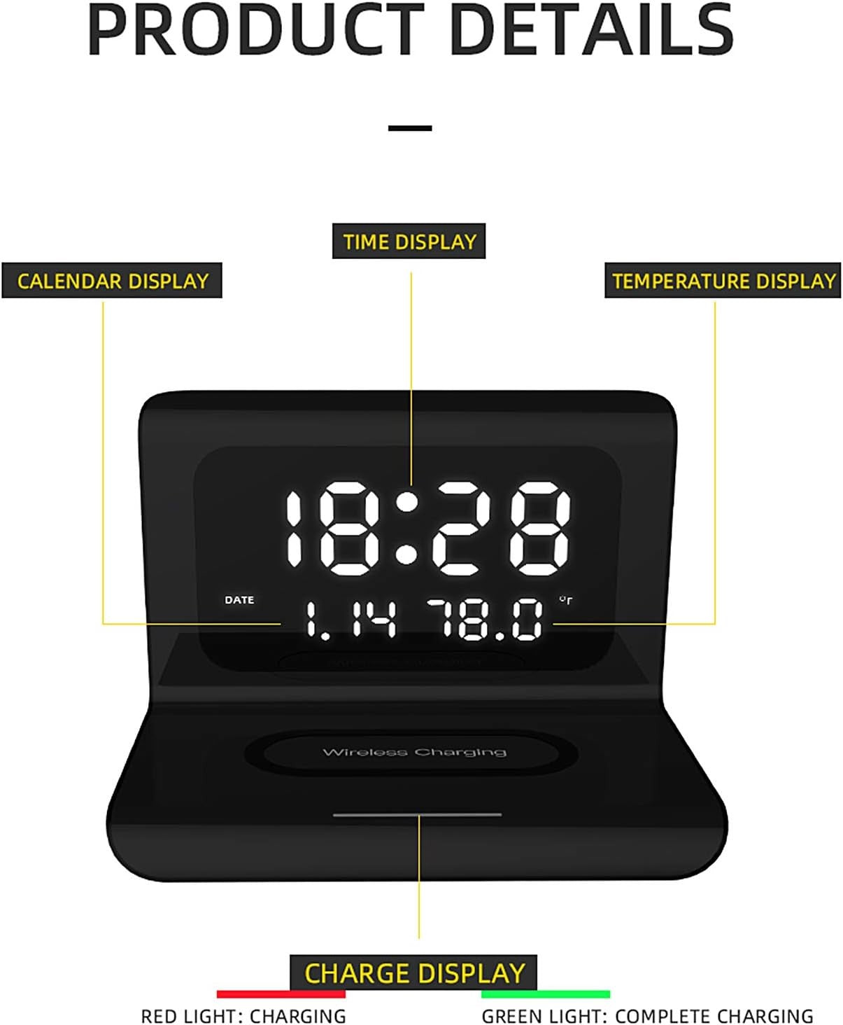 Black Wireless Charger Alarm Clock Qi Phone Charging Digital Display