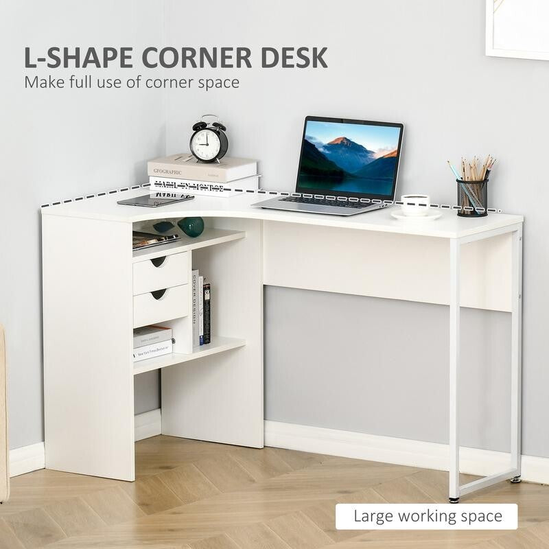 White L-Shaped Computer Desk with Drawers & Storage – Corner Office Table