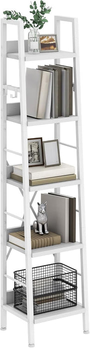 Slim 5 Tier Ladder Bookcase Narrow Storage Shelf Metal Wood White