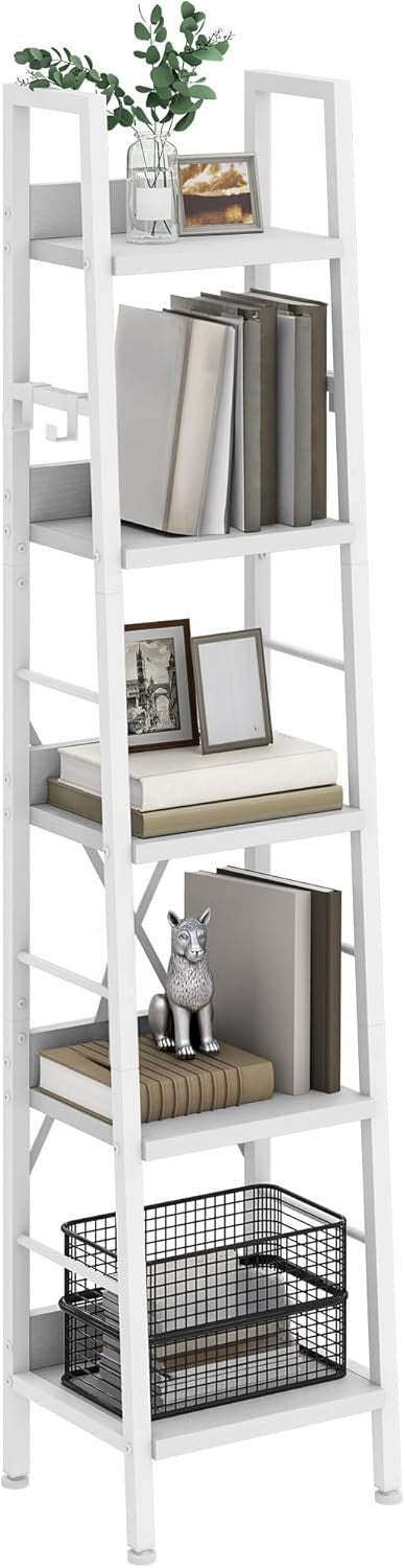 Slim 5 Tier Ladder Bookcase Narrow Storage Shelf Metal Wood White