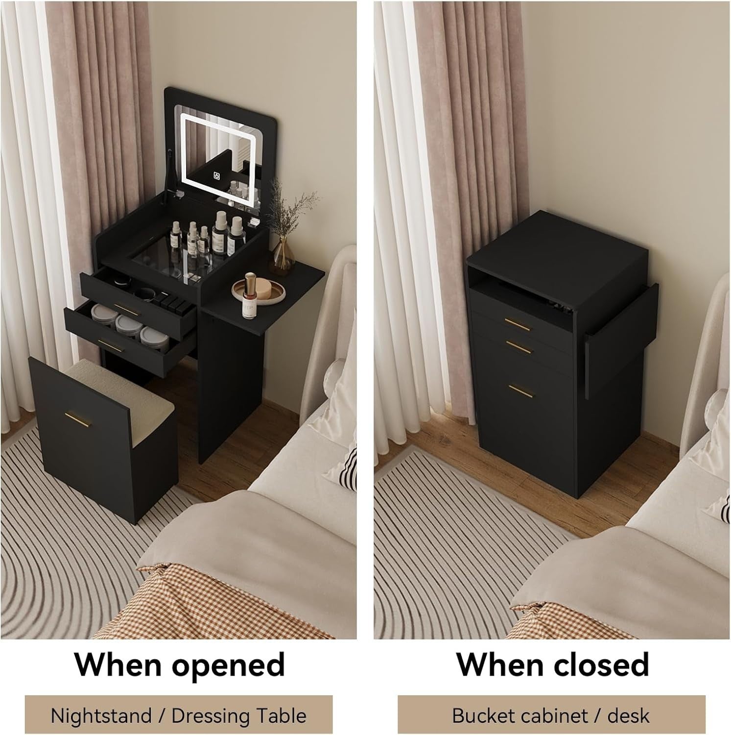 Black Foldable Vanity Desk w/ Lighted Mirror & Stool Small Space 2 Drawers