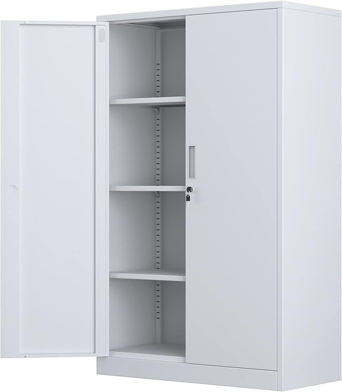 White Metal Storage Cabinet with Lock & 3 Adjustable Shelves Office Cupboard