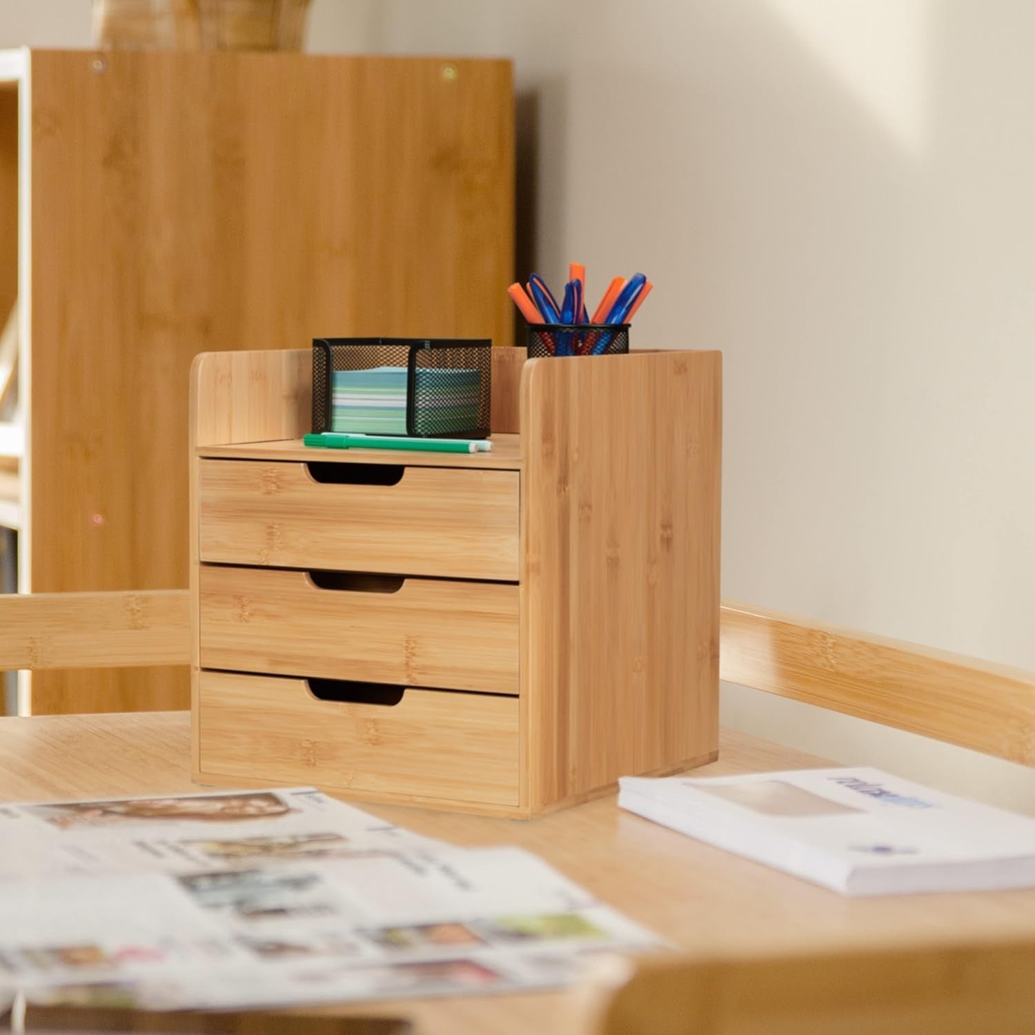 Bamboo Desk Organiser with 3 Drawers & Adjustable Compartments – Office Storage