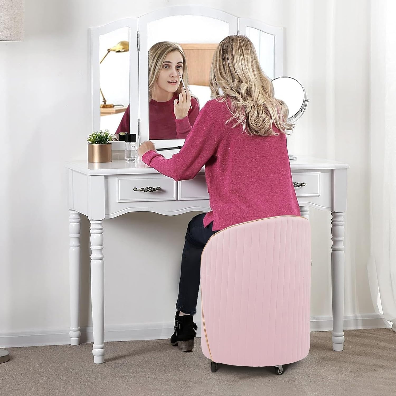 Pink Velvet Storage Ottoman Swivel Stool with Backrest & Wheels 37cm