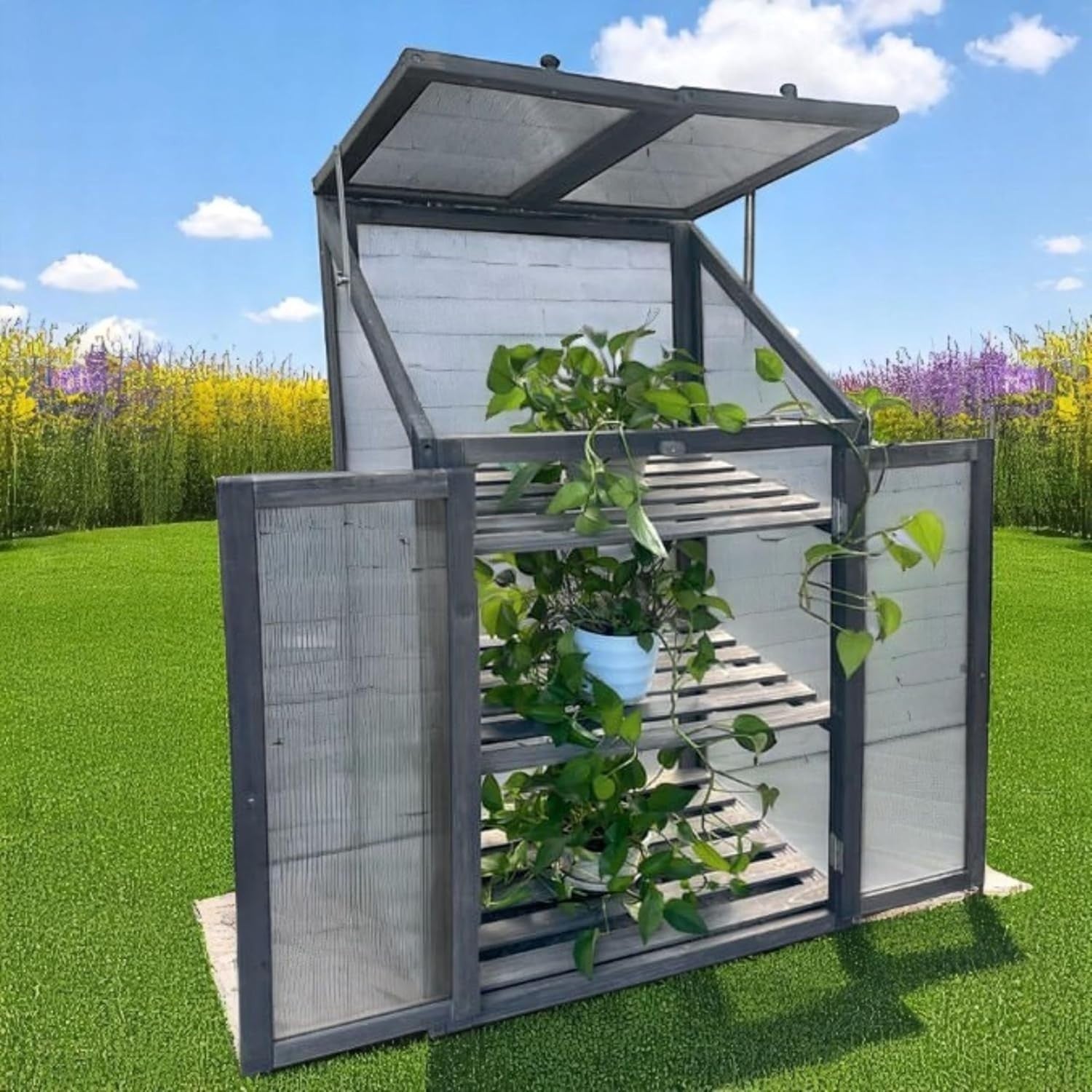 3 Tier Wooden Greenhouse Grey Cold Frame with Double Doors & Skylight