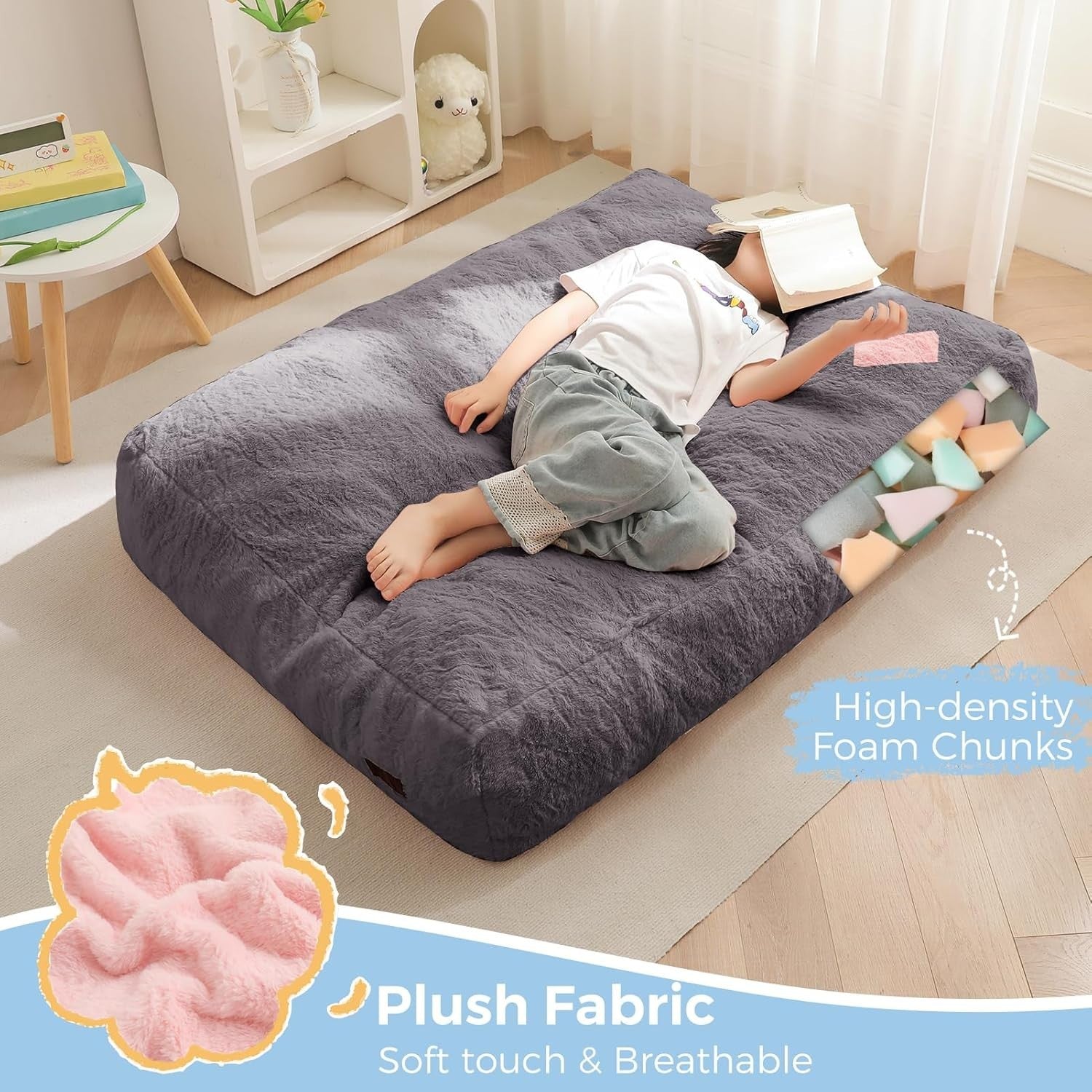 Convertible Kids Bean Bag Chair Bed Faux Fur Lounger Sofa Mattress