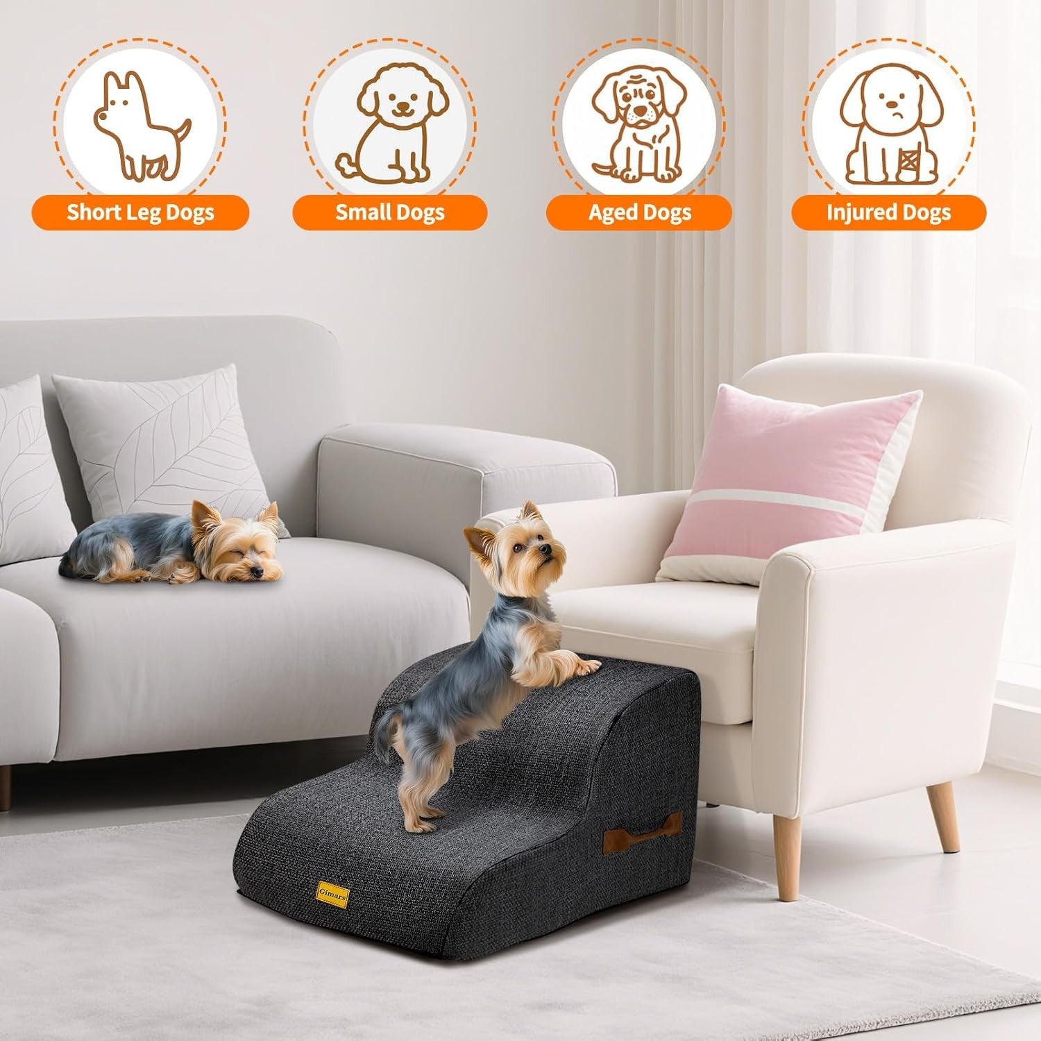 2 Step Dog Stairs Foam Pet Ramp for Low Sofa Slip Grey