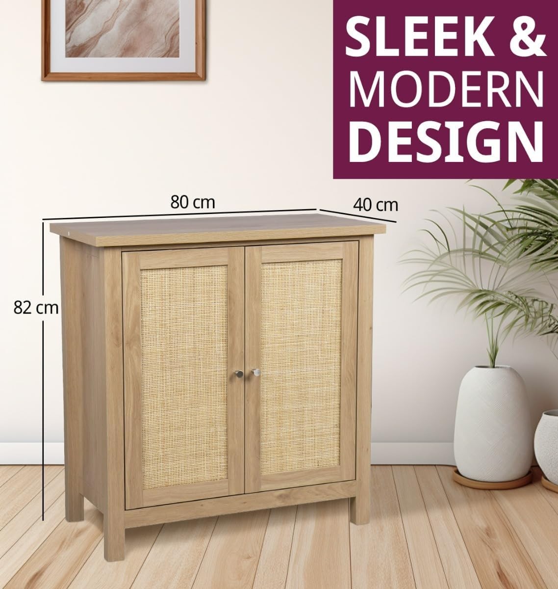 Oak Effect Small Cupboard with Rattan Doors 2 Tier Boho Storage Unit
