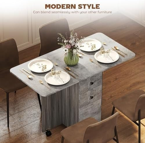 Folding Drop Leaf Dining Table on Wheels with Storage Drawers Cabinet Grey