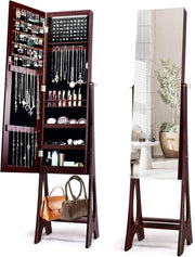 Standing Jewelry Armoire Lockable Full Length Mirror Adjustable Storage Brown