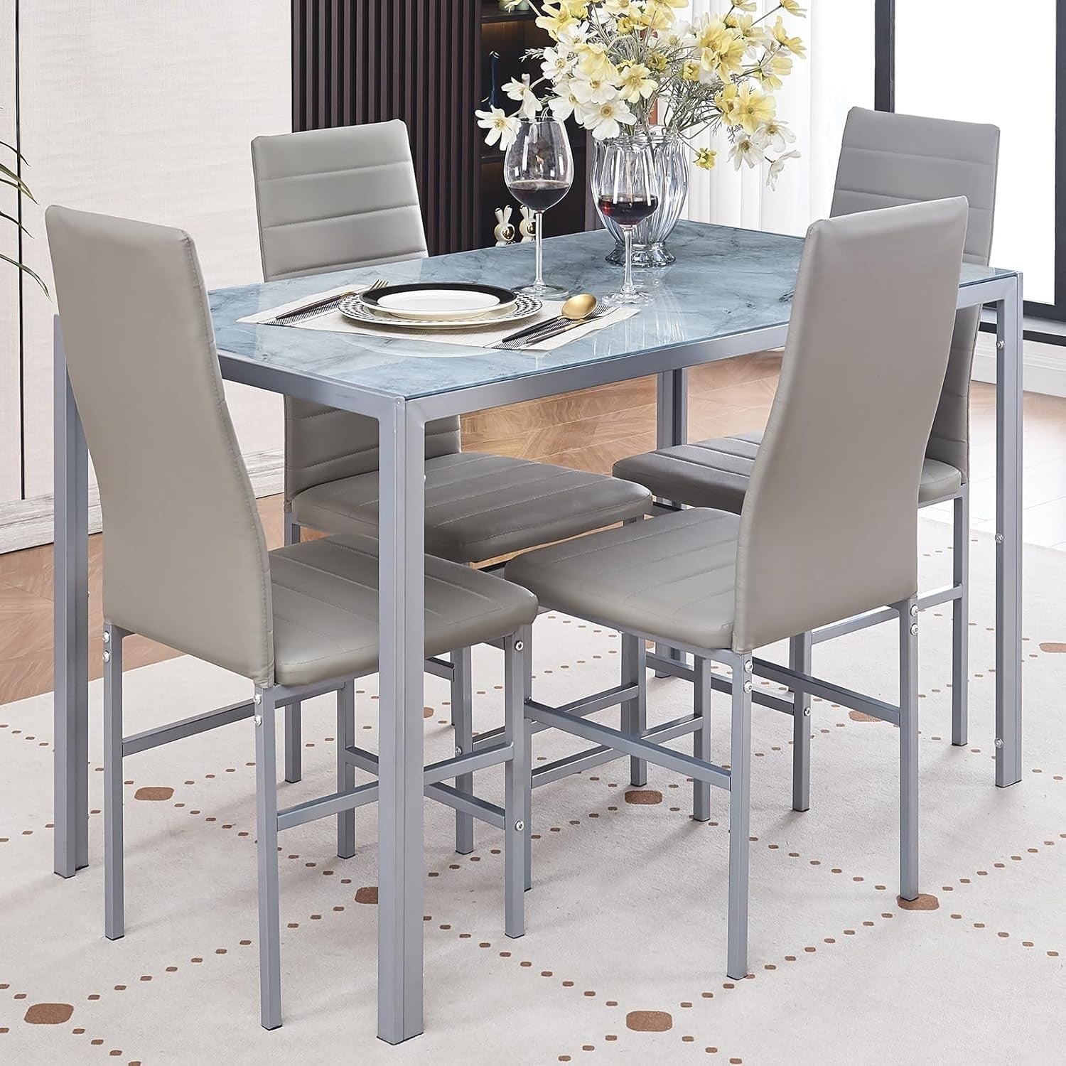5PC Grey Marble Effect Glass Dining Set with PU Leather Chairs Compact