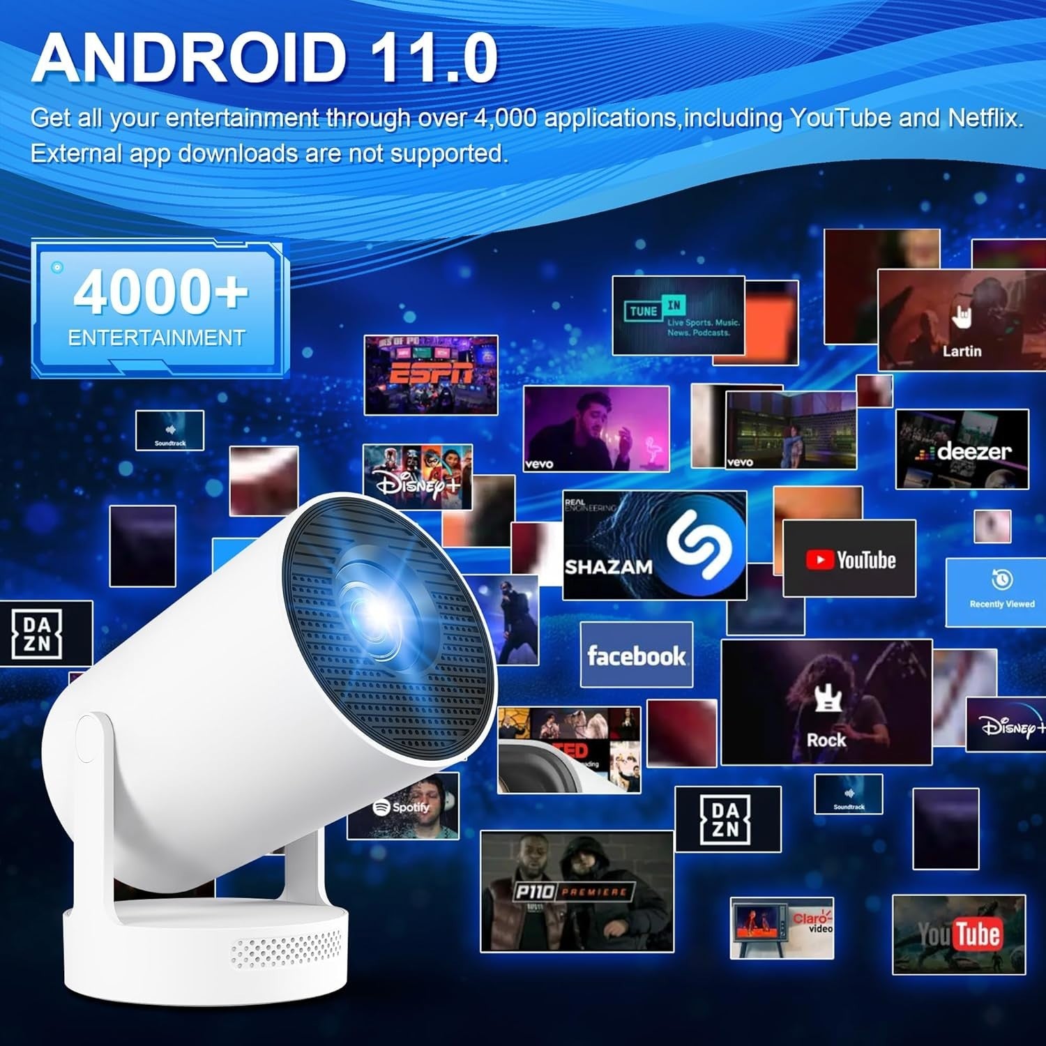 Android WiFi 6 Mini Projector 4K Support Motorized Focus 180° Portable