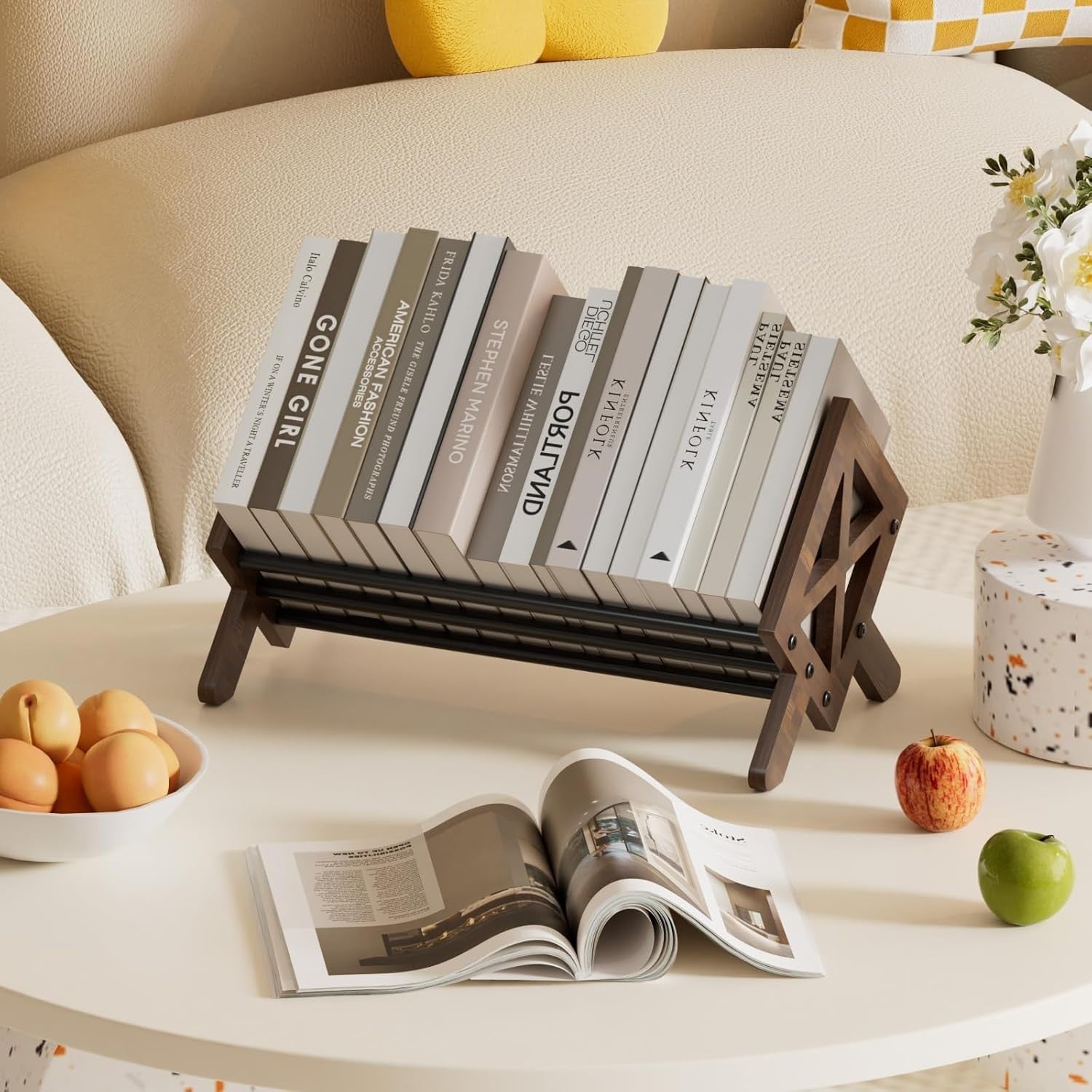 Wood Tilting Desktop Bookcase Organizer Rack for Books CDs Magazines Brown