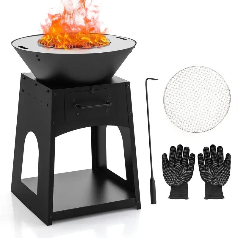 Outdoor Fire Pit BBQ Grill Wood/Coal Burner w/ Tools, Rack & Gloves
