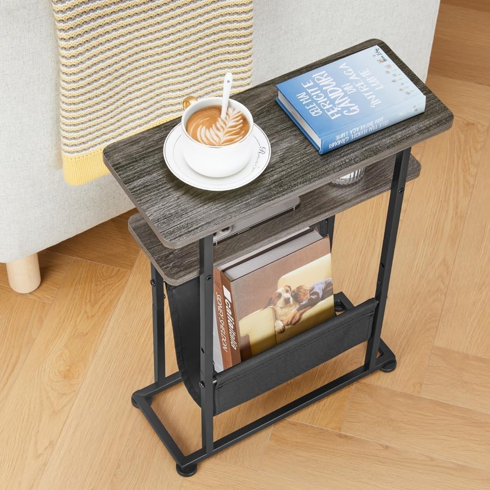 Slim Industrial Side Table with Magazine Holder & Adjustable Feet 18x42x55cm