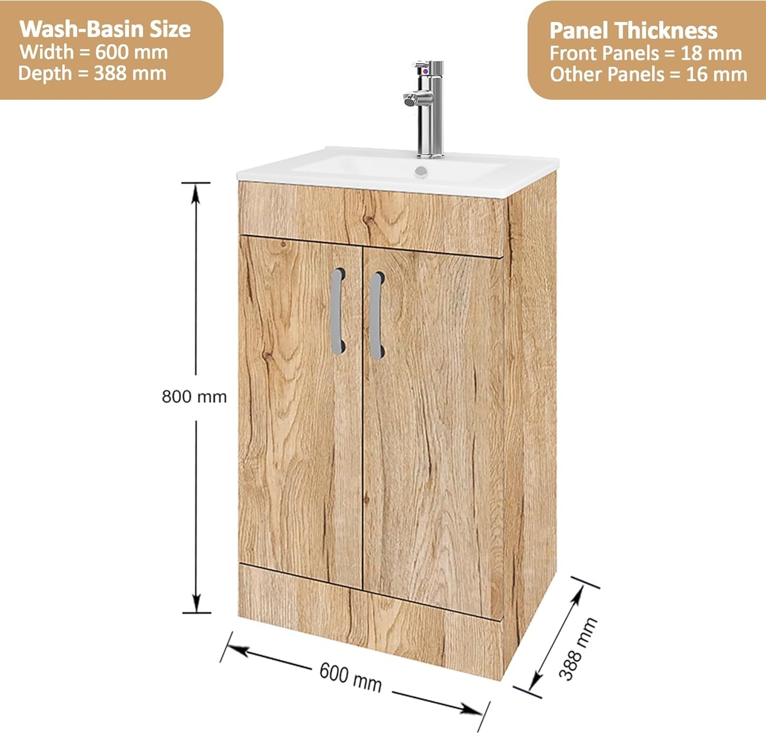 600mm Oak Wood Grain Bathroom Vanity Unit with Basin Floor Standing Sink Cabinet