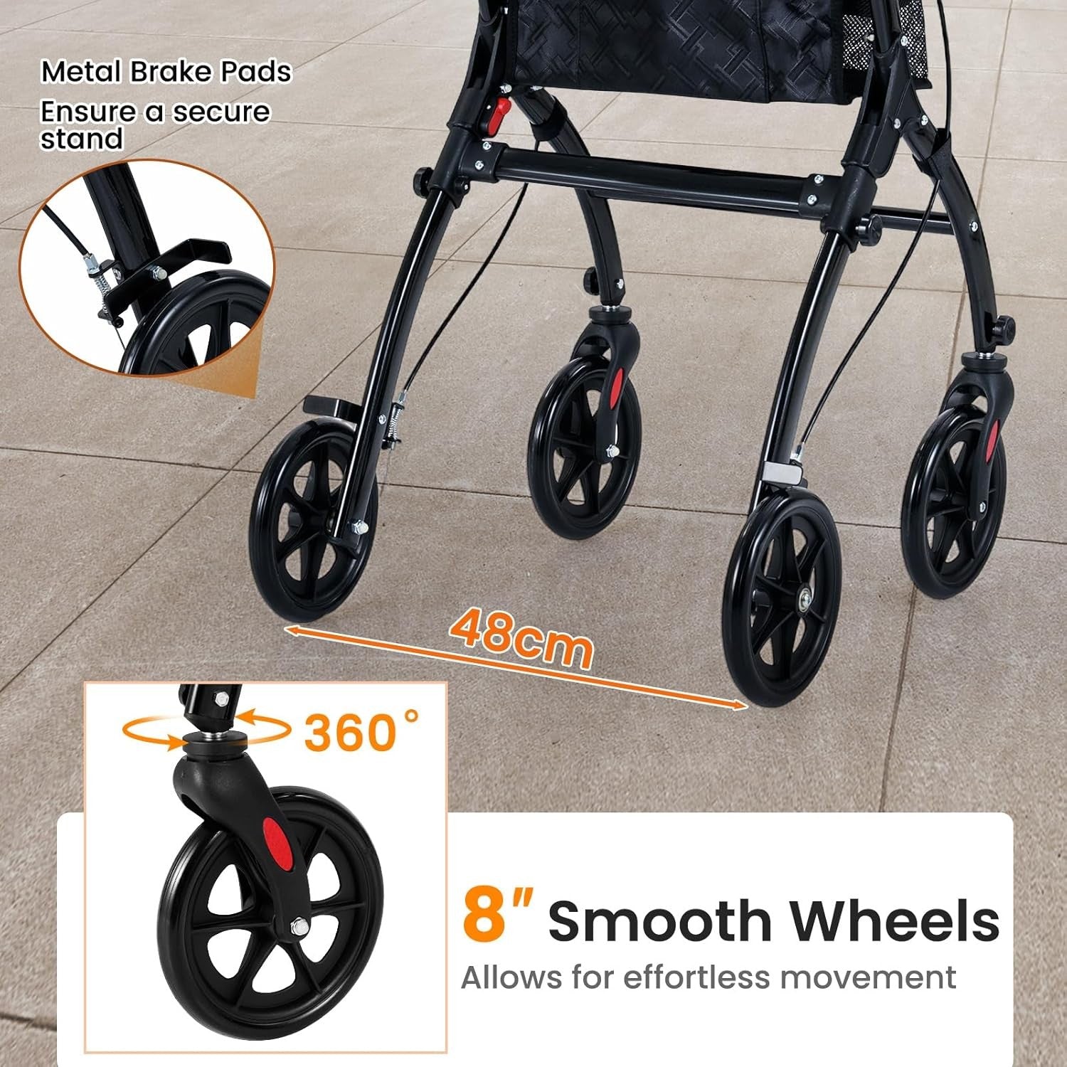 Lightweight Folding Rollator Walker 4 Wheel Basket Brakes Narrow Black