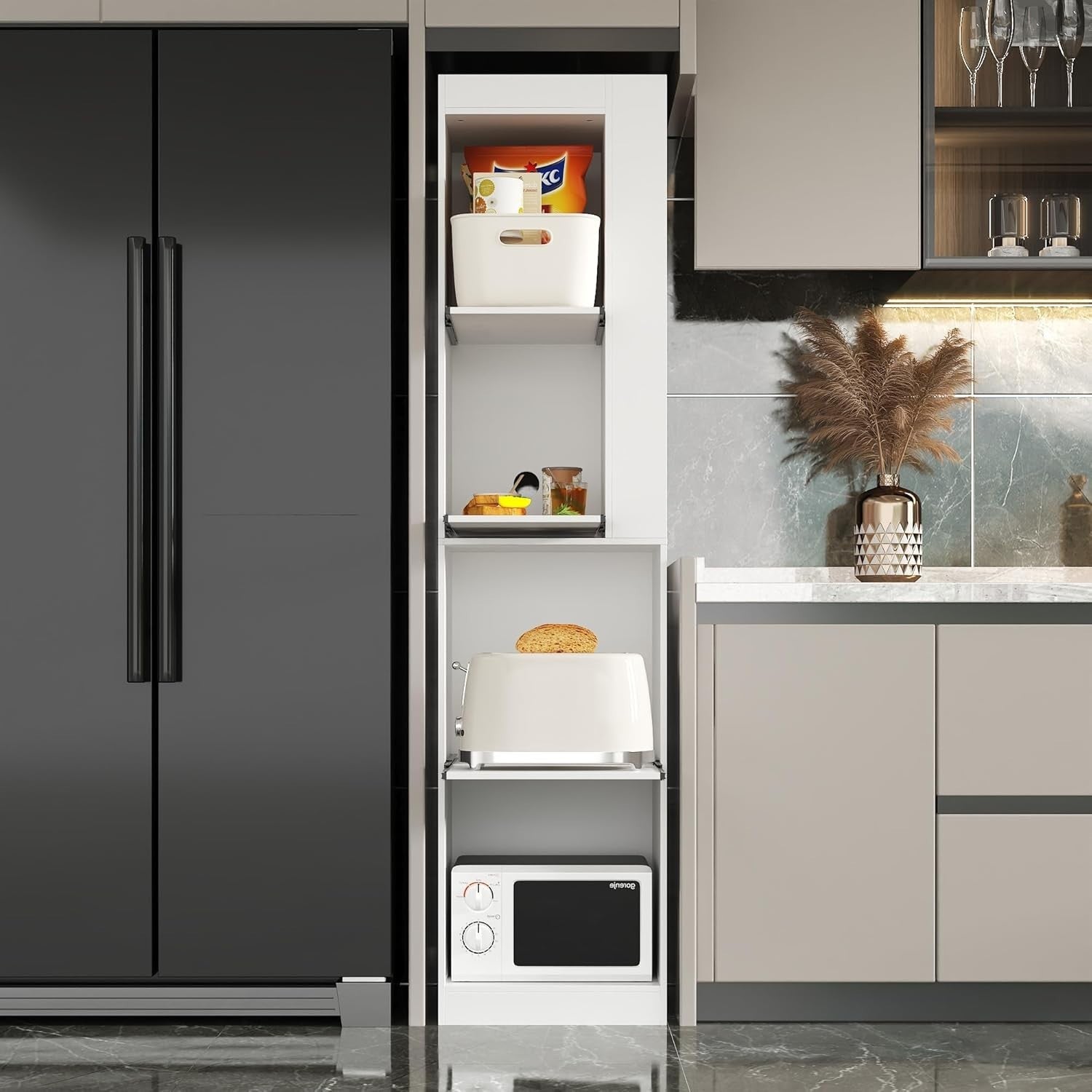 Tall Kitchen Cupboard White Sliding Drawer Pantry Storage Cabinet