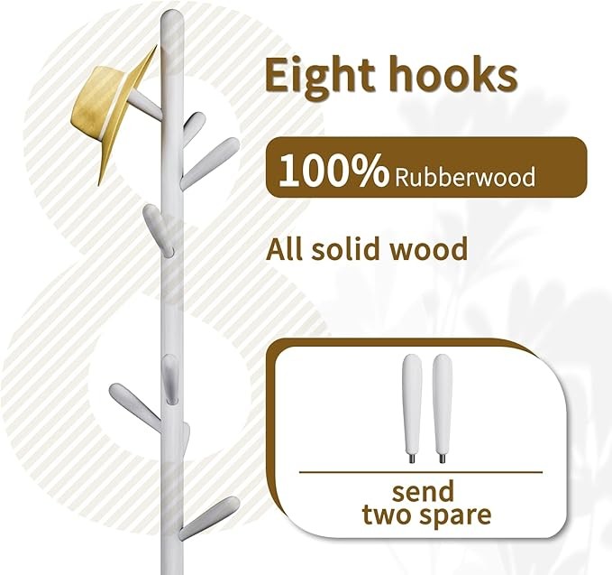 White Wood Coat Rack 8 Hooks Round Base Freestanding Hall Tree Stand